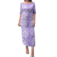 Custom Hawaii Kauai Island Family Matching Puletasi Dress and Hawaiian Shirt Hibiscus Pattern Seamless Tribal Simple Purple LT03 Mom's Dress Purple - Polynesian Pride