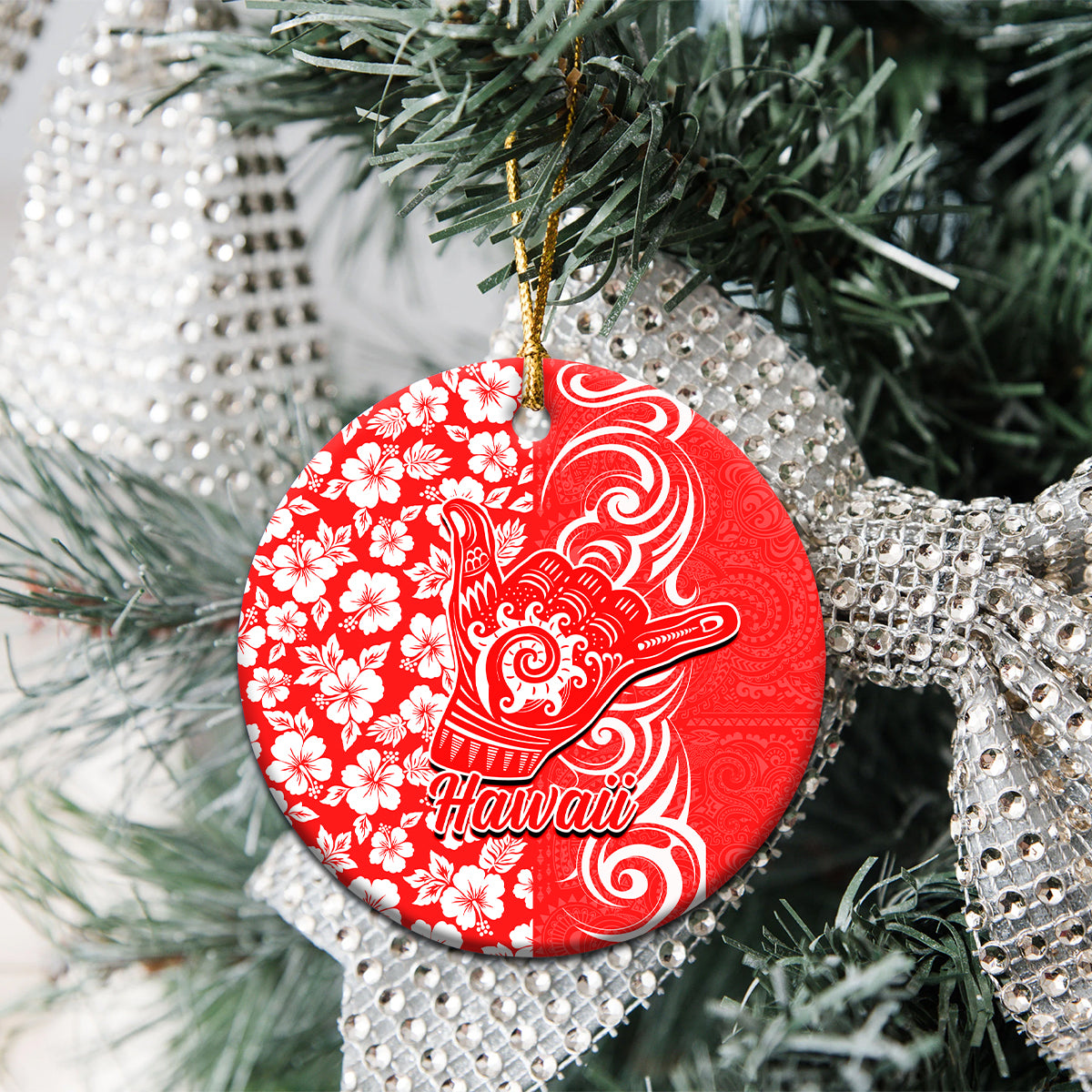 Custom Hawaii Kauai Island Ceramic Ornament Hibiscus Pattern Seamless Tribal Simple Red LT03 - Polynesian Pride