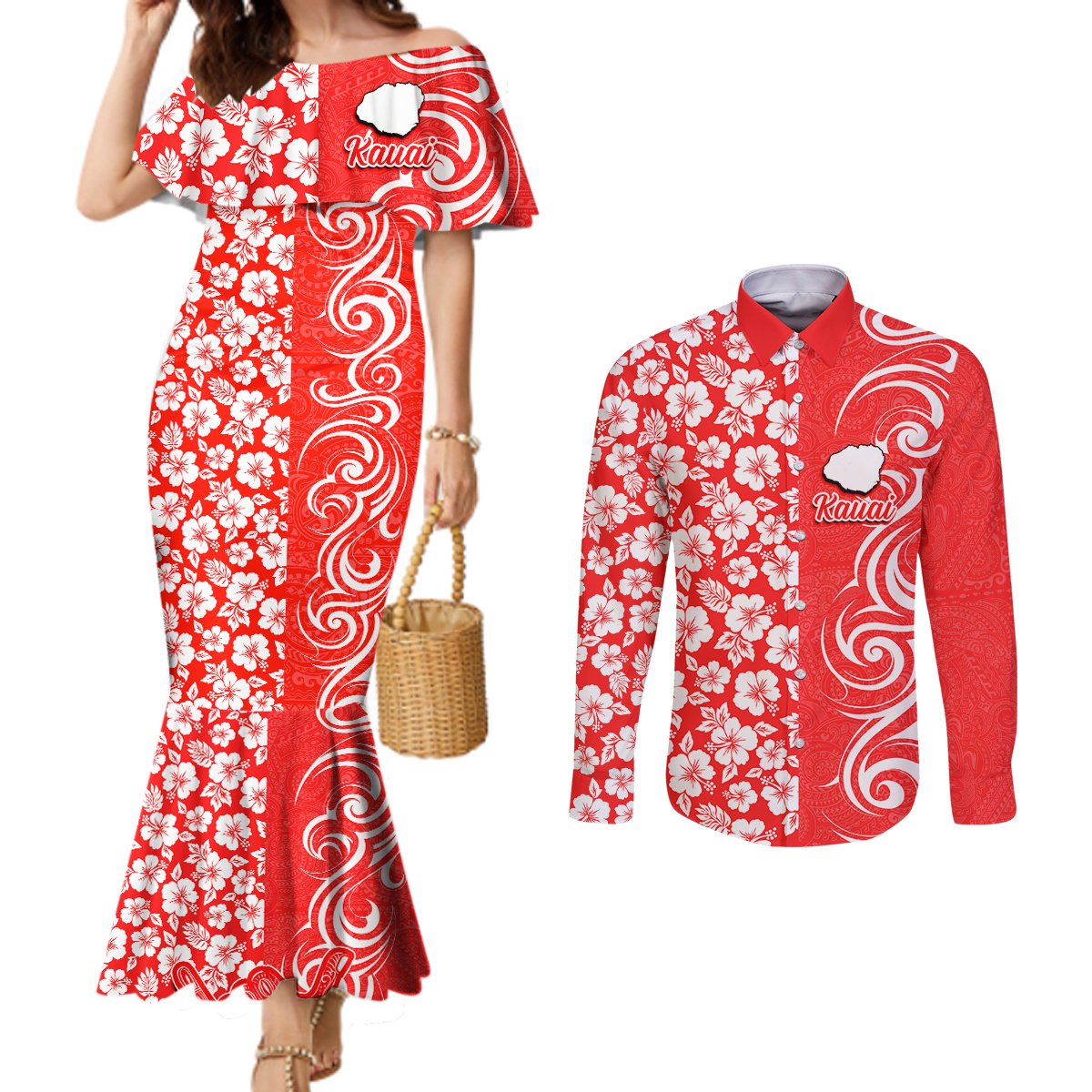 Custom Hawaii Kauai Island Couples Matching Mermaid Dress and Long Sleeve Button Shirts Hibiscus Pattern Seamless Tribal Simple Red LT03 Red - Polynesian Pride