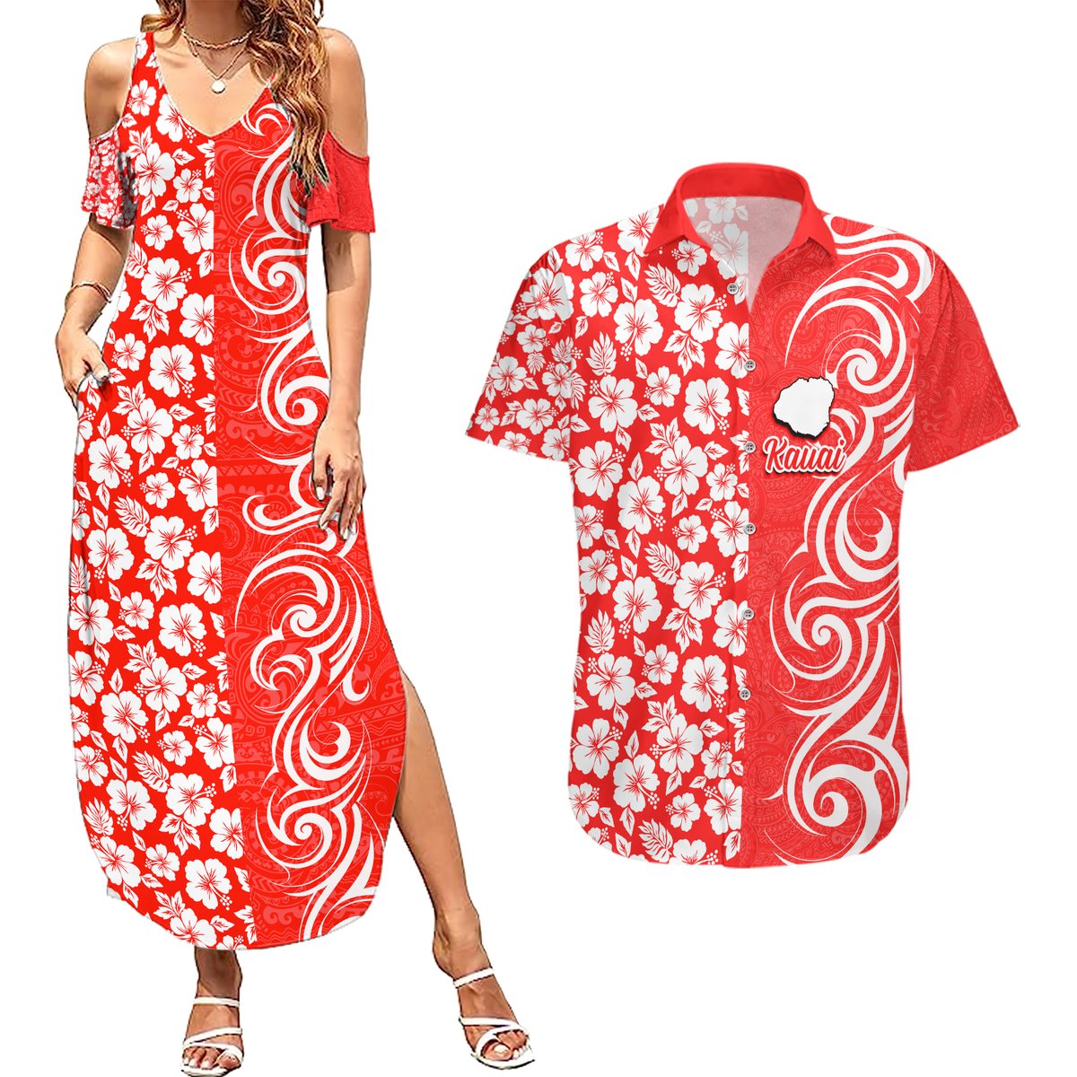 Custom Hawaii Kauai Island Couples Matching Summer Maxi Dress and Hawaiian Shirt Hibiscus Pattern Seamless Tribal Simple Red LT03 Red - Polynesian Pride