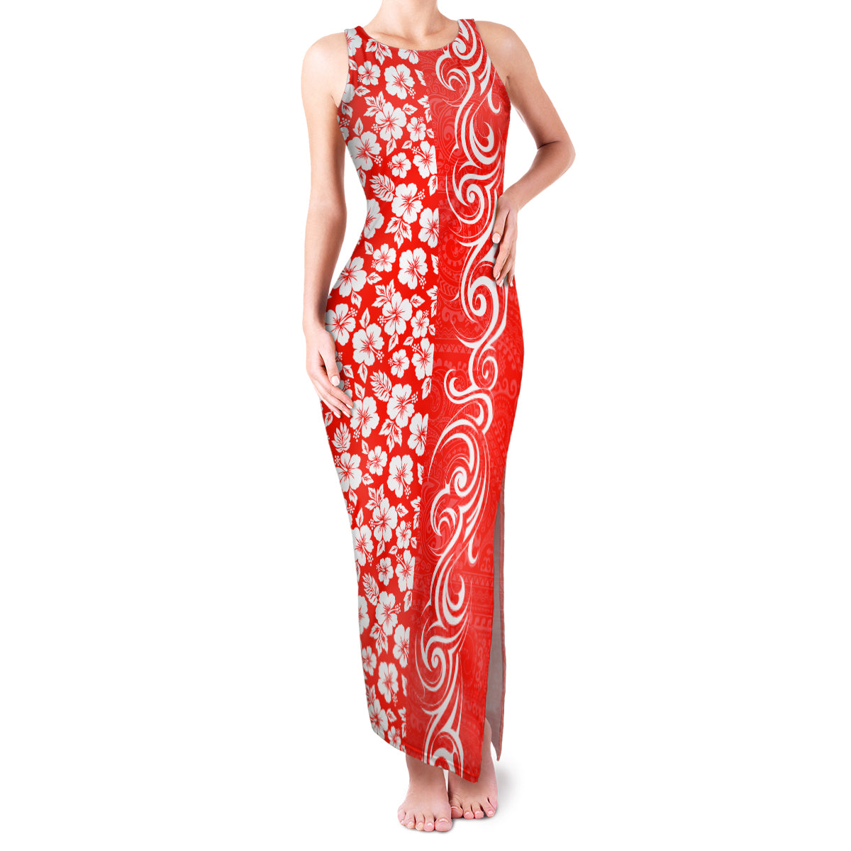 Custom Hawaii Kauai Island Family Matching Tank Maxi Dress and Hawaiian Shirt Hibiscus Pattern Seamless Tribal Simple Red LT03 Mom's Dress Red - Polynesian Pride