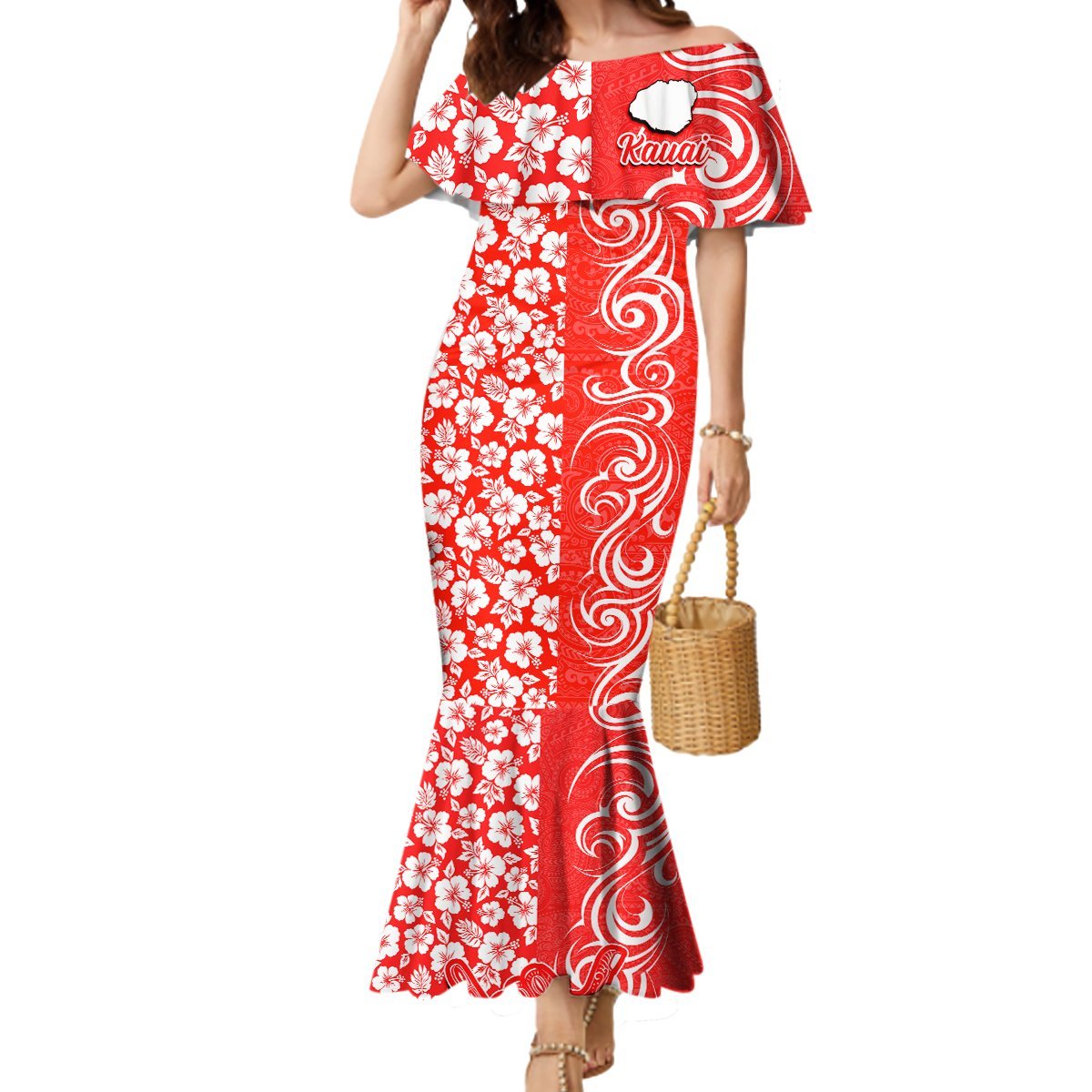 Custom Hawaii Kauai Island Mermaid Dress Hibiscus Pattern Seamless Tribal Simple Red LT03 Women Red - Polynesian Pride