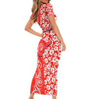 Custom Hawaii Kauai Island Short Sleeve Bodycon Dress Hibiscus Pattern Seamless Tribal Simple Red LT03 - Polynesian Pride