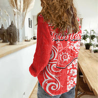 Custom Hawaii Kauai Island Women Casual Shirt Hibiscus Pattern Seamless Tribal Simple Red LT03 - Polynesian Pride