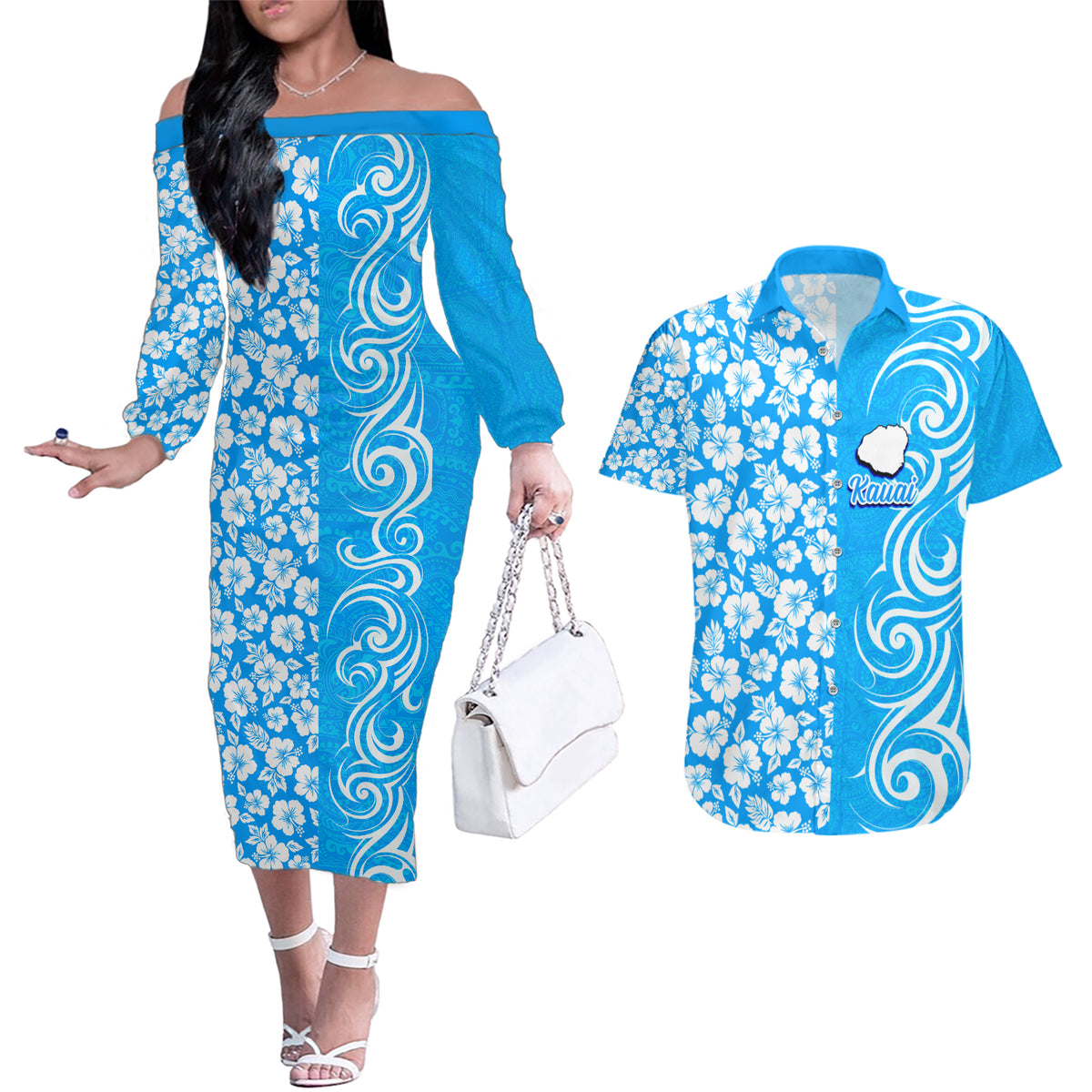Hawaii Kauai Island Couples Matching Off The Shoulder Long Sleeve Dress and Hawaiian Shirt Hibiscus Pattern Seamless Tribal Simple Blue LT03 Blue - Polynesian Pride