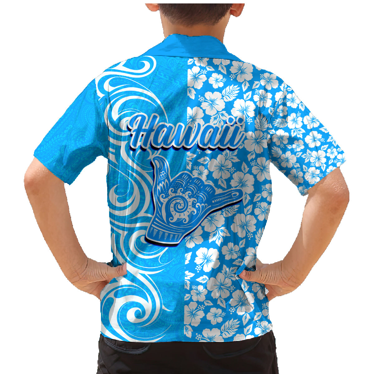 Hawaii Kauai Island Family Matching Mermaid Dress and Hawaiian Shirt Hibiscus Pattern Seamless Tribal Simple Blue LT03 - Polynesian Pride