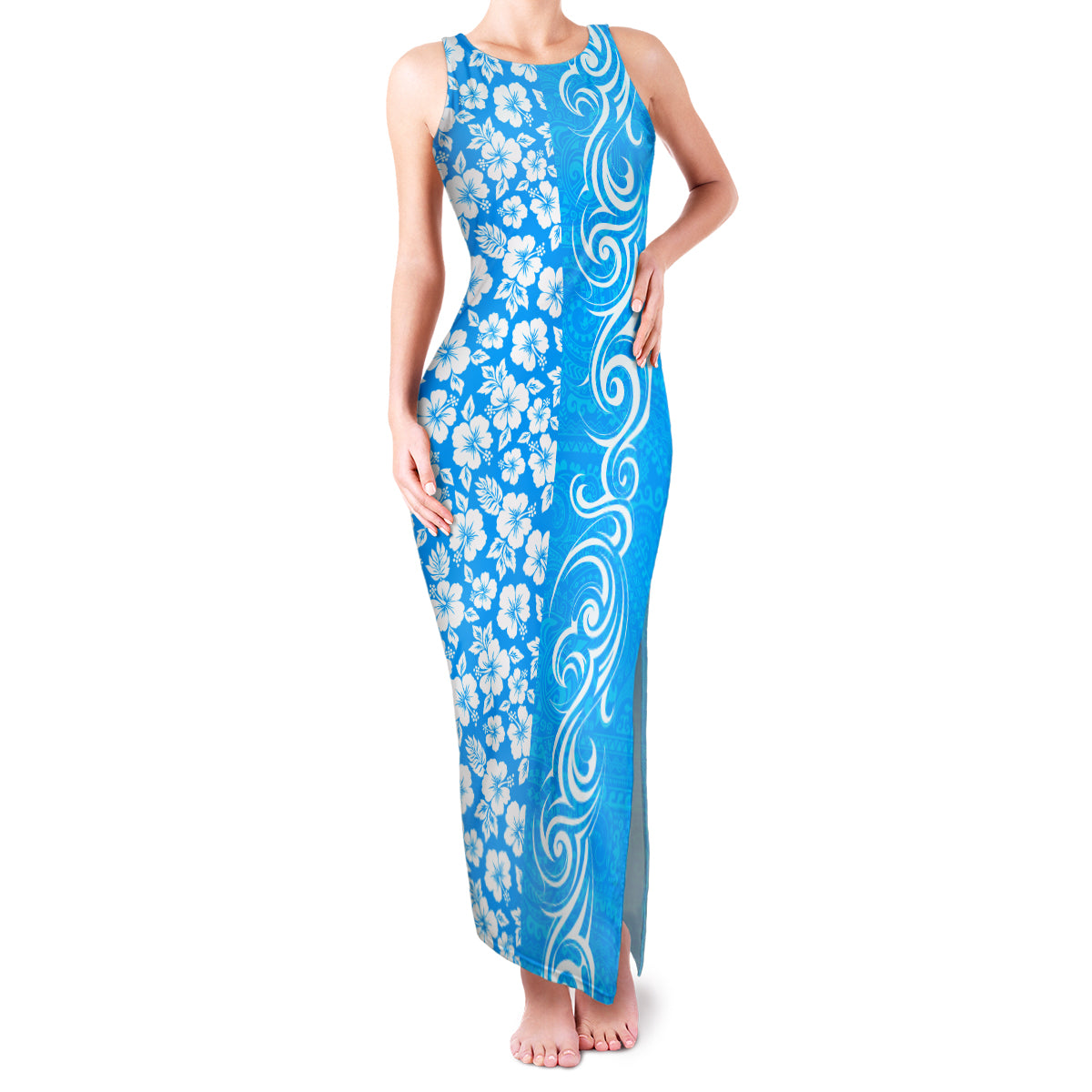Hawaii Kauai Island Family Matching Tank Maxi Dress and Hawaiian Shirt Hibiscus Pattern Seamless Tribal Simple Blue LT03 Mom's Dress Blue - Polynesian Pride