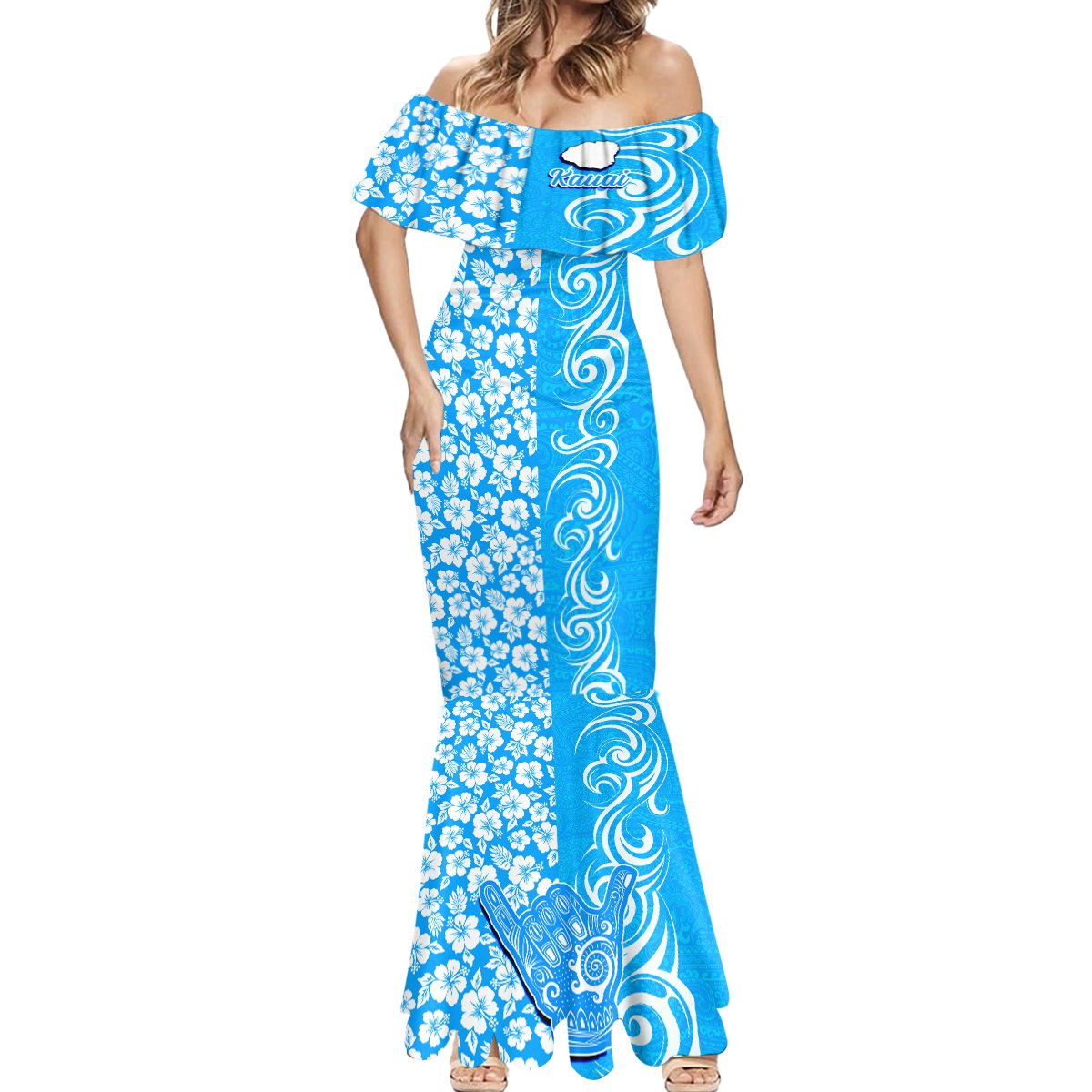 Hawaii Kauai Island Mermaid Dress Hibiscus Pattern Seamless Tribal Simple Blue LT03 - Polynesian Pride