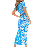 Hawaii Kauai Island Short Sleeve Bodycon Dress Hibiscus Pattern Seamless Tribal Simple Blue LT03 - Polynesian Pride