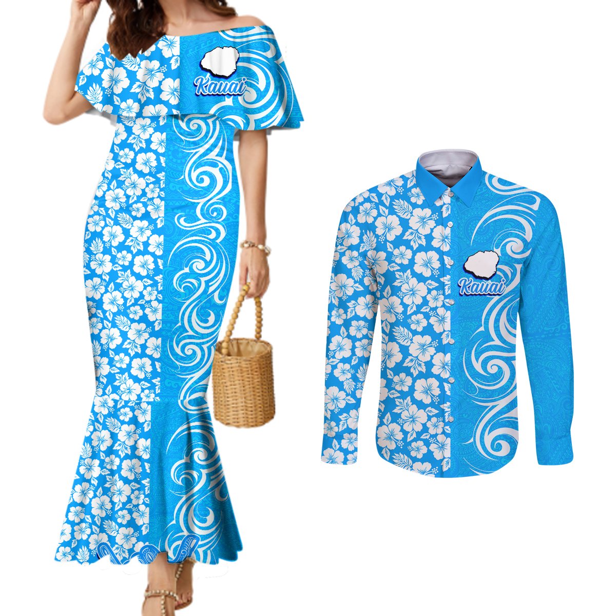Custom Hawaii Kauai Island Couples Matching Mermaid Dress and Long Sleeve Button Shirts Hibiscus Pattern Seamless Tribal Simple Blue LT03 Blue - Polynesian Pride