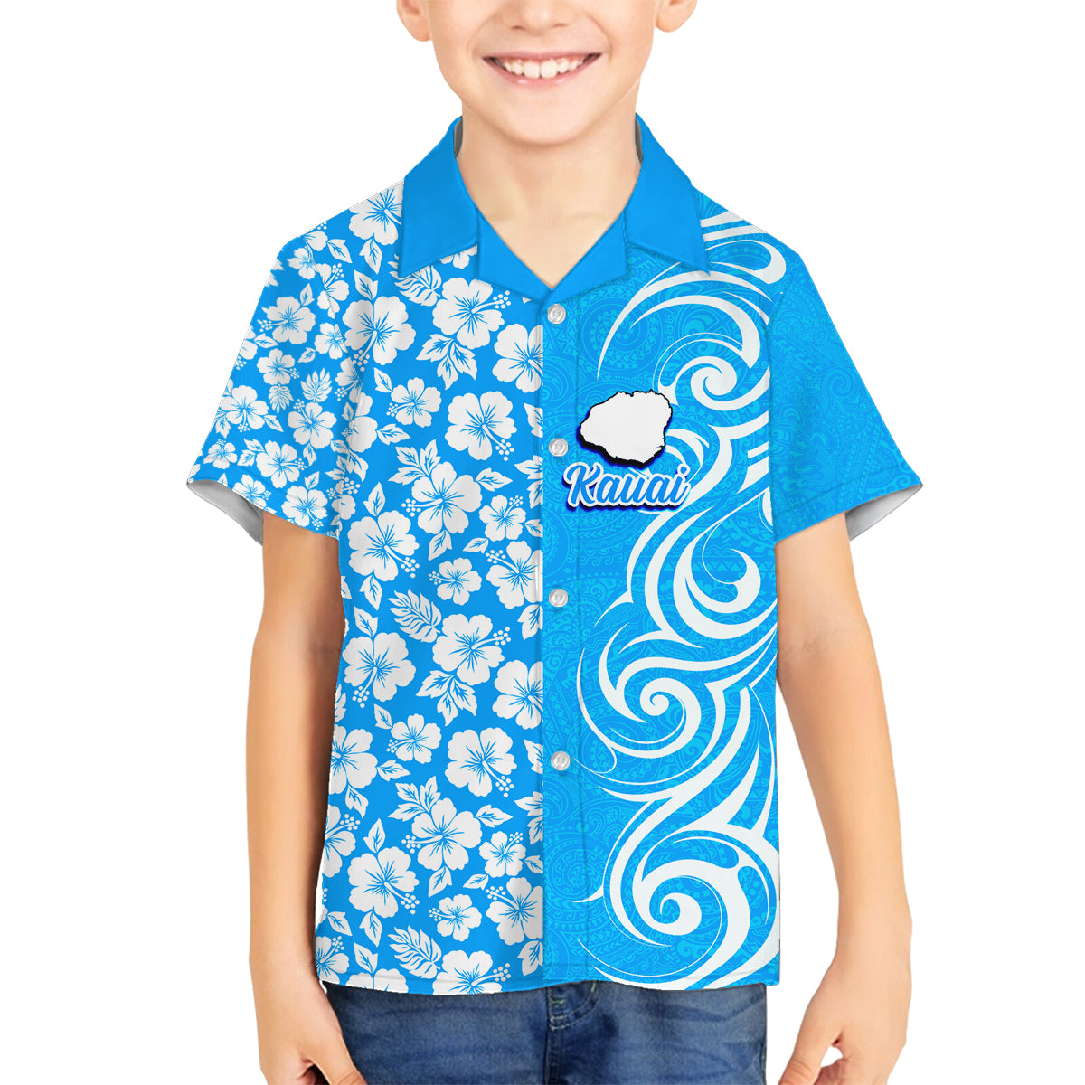 Custom Hawaii Kauai Island Family Matching Off Shoulder Maxi Dress and Hawaiian Shirt Hibiscus Pattern Seamless Tribal Simple Blue LT03 Son's Shirt Blue - Polynesian Pride