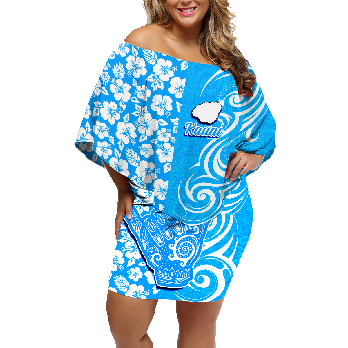 Custom Hawaii Kauai Island Family Matching Off Shoulder Short Dress and Hawaiian Shirt Hibiscus Pattern Seamless Tribal Simple Blue LT03 Mom's Dress Blue - Polynesian Pride