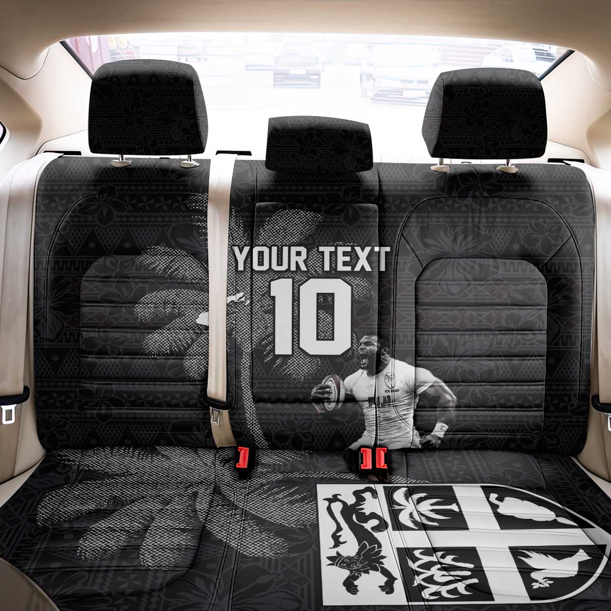 Custom Fiji Rugby Pacific Champions 2024 Back Car Seat Cover Anniversary 7 Titles - Fijians Rugby and Tapa Hibiscus Black Art LT03 - Polynesian Pride