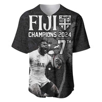 Custom Fiji Rugby Pacific Champions 2024 Baseball Jersey Anniversary 7 Titles - Fijians Rugby and Tapa Hibiscus Black Art LT03 Black - Polynesian Pride