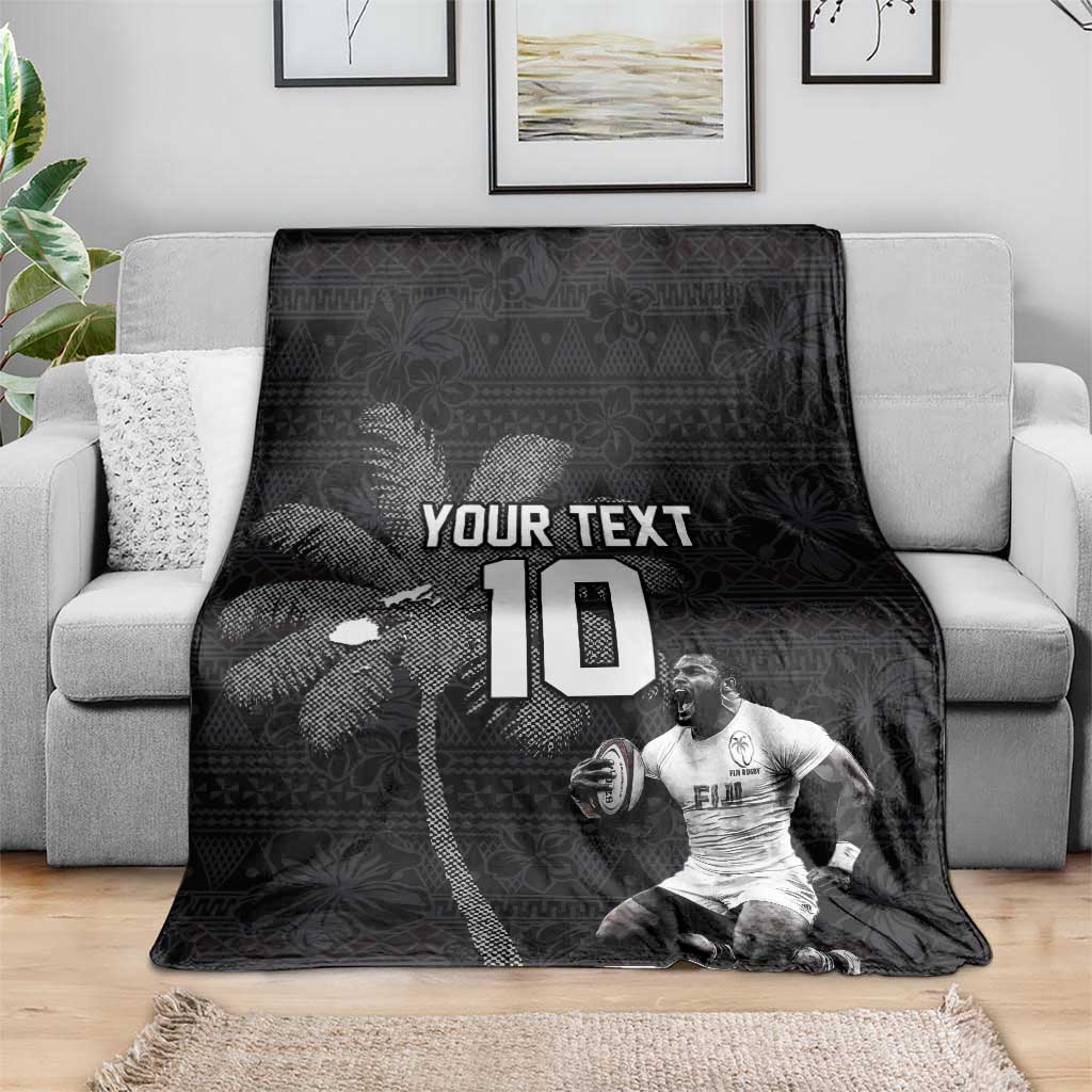 Custom Fiji Rugby Pacific Champions 2024 Blanket Anniversary 7 Titles - Fijians Rugby and Tapa Hibiscus Black Art LT03 - Polynesian Pride