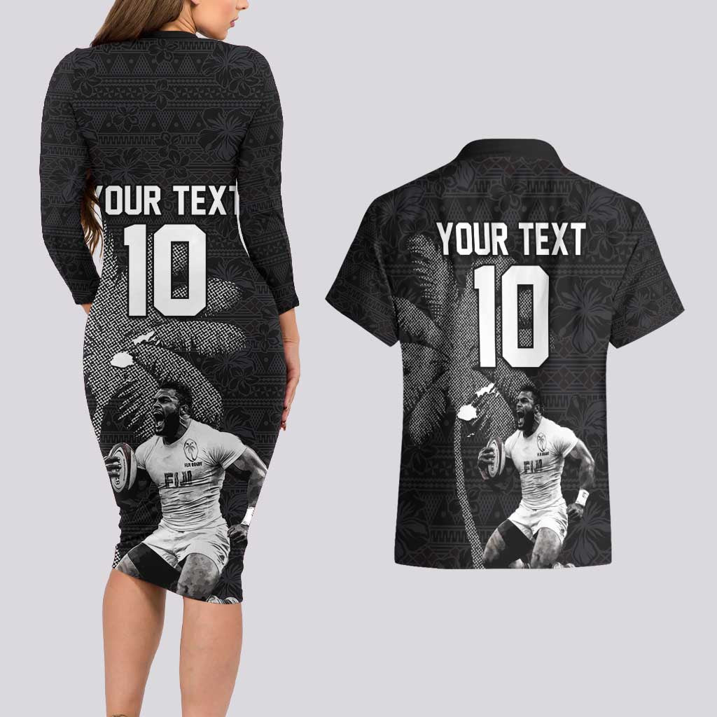 Custom Fiji Rugby Pacific Champions 2024 Couples Matching Long Sleeve Bodycon Dress and Hawaiian Shirt Anniversary 7 Titles - Fijians Rugby and Tapa Hibiscus Black Art LT03 - Polynesian Pride
