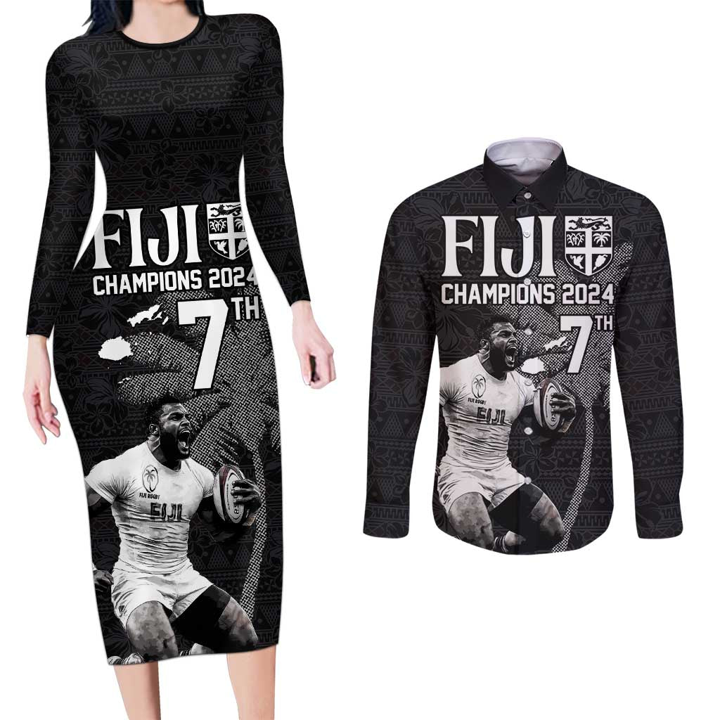 Custom Fiji Rugby Pacific Champions 2024 Couples Matching Long Sleeve Bodycon Dress and Long Sleeve Button Shirt Anniversary 7 Titles - Fijians Rugby and Tapa Hibiscus Black Art LT03 Black - Polynesian Pride