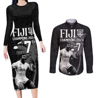 Custom Fiji Rugby Pacific Champions 2024 Couples Matching Long Sleeve Bodycon Dress and Long Sleeve Button Shirt Anniversary 7 Titles - Fijians Rugby and Tapa Hibiscus Black Art LT03 Black - Polynesian Pride