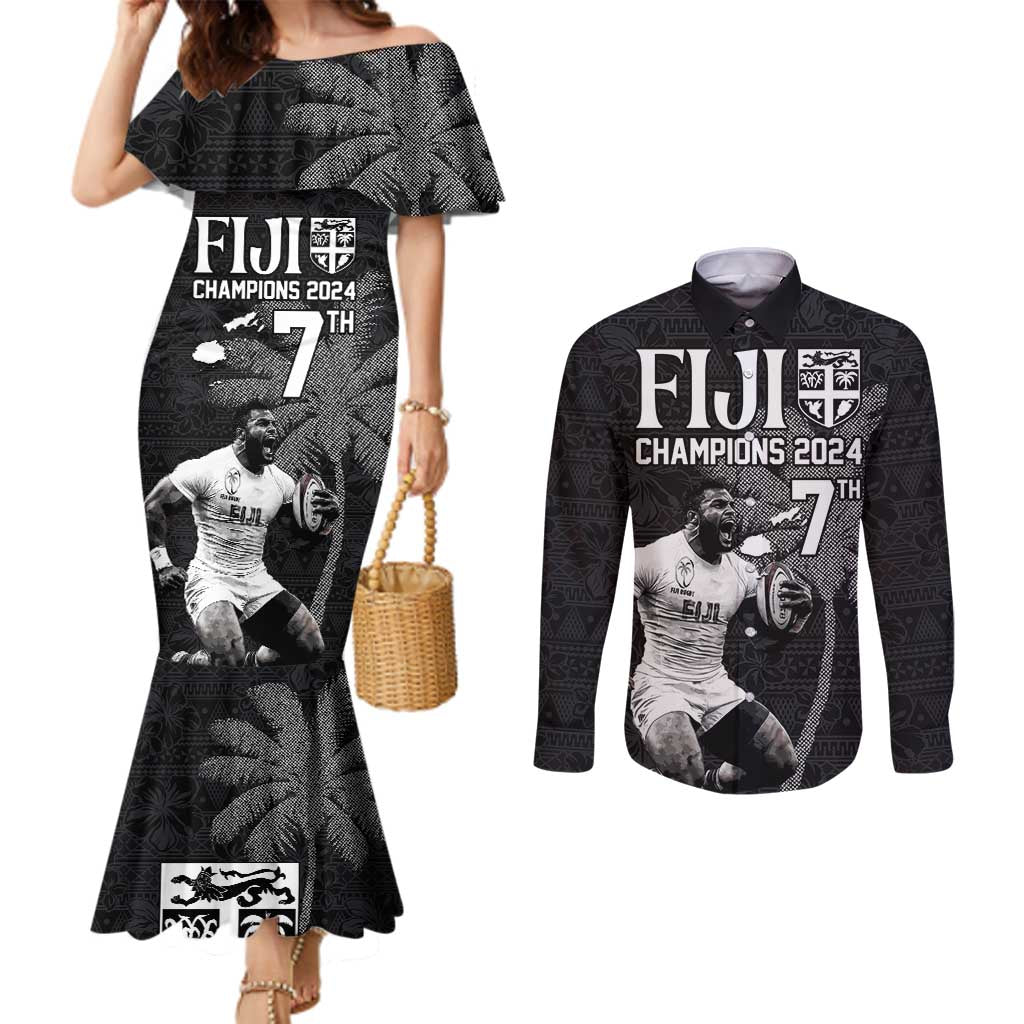 Custom Fiji Rugby Pacific Champions 2024 Couples Matching Mermaid Dress and Long Sleeve Button Shirt Anniversary 7 Titles - Fijians Rugby and Tapa Hibiscus Black Art LT03 Black - Polynesian Pride