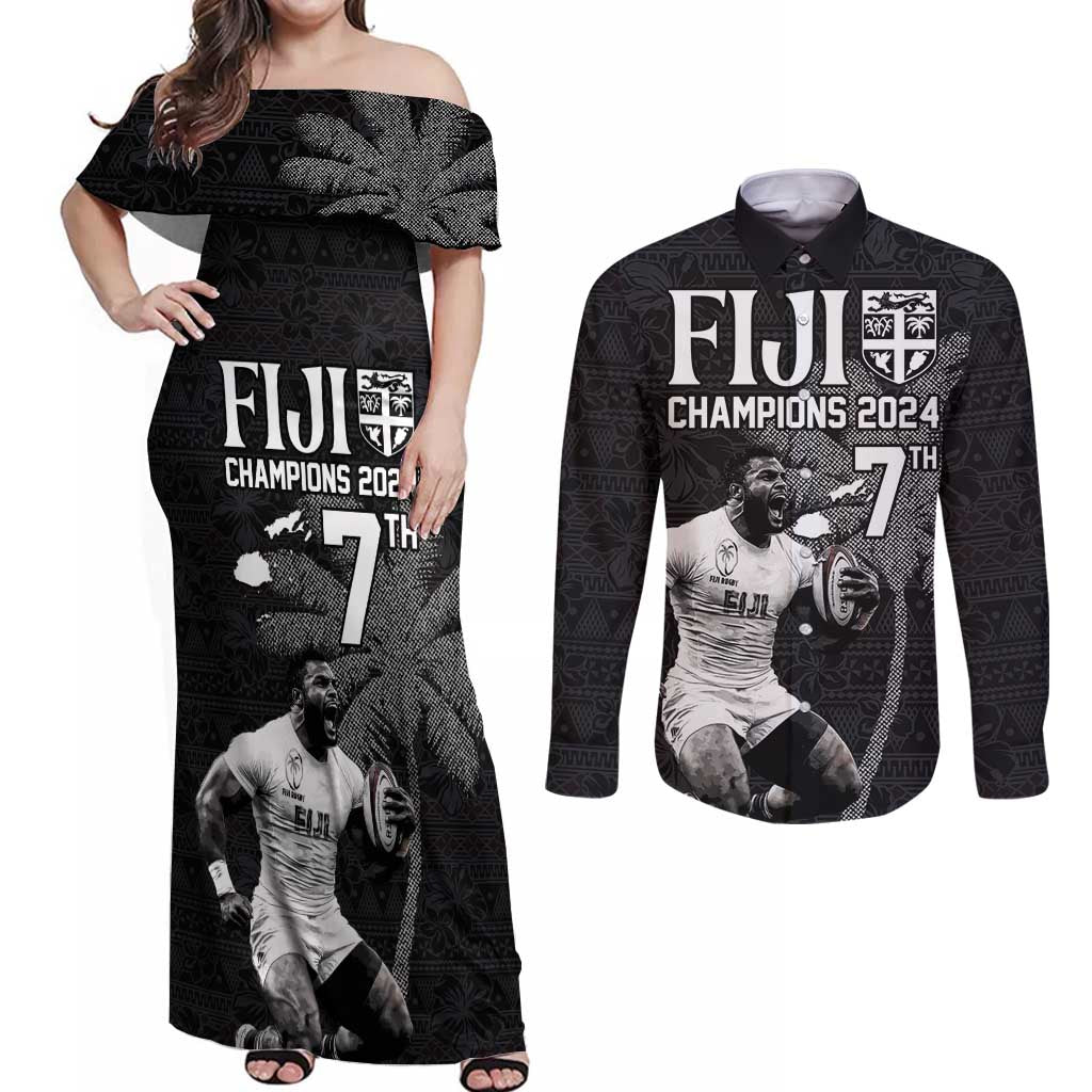 Custom Fiji Rugby Pacific Champions 2024 Couples Matching Off Shoulder Maxi Dress and Long Sleeve Button Shirt Anniversary 7 Titles - Fijians Rugby and Tapa Hibiscus Black Art LT03 Black - Polynesian Pride