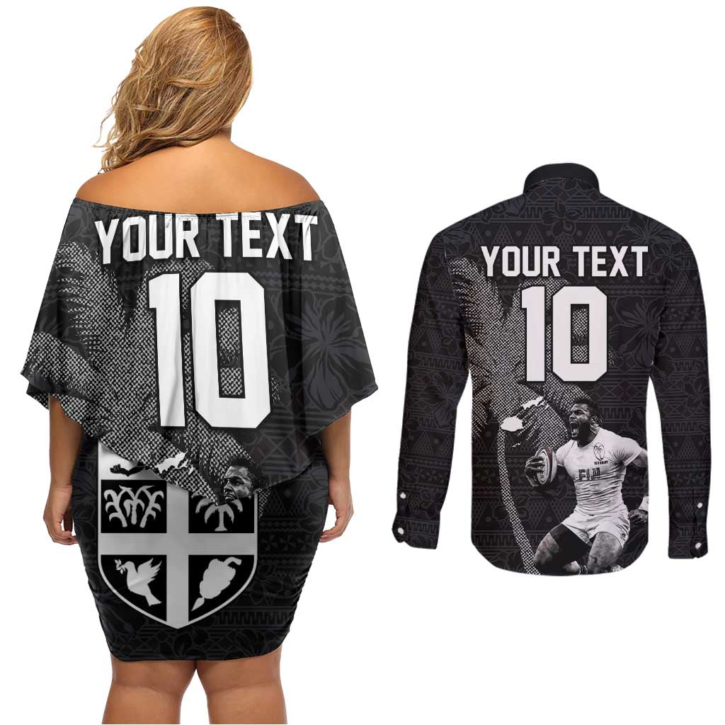 Custom Fiji Rugby Pacific Champions 2024 Couples Matching Off Shoulder Short Dress and Long Sleeve Button Shirt Anniversary 7 Titles - Fijians Rugby and Tapa Hibiscus Black Art LT03 - Polynesian Pride