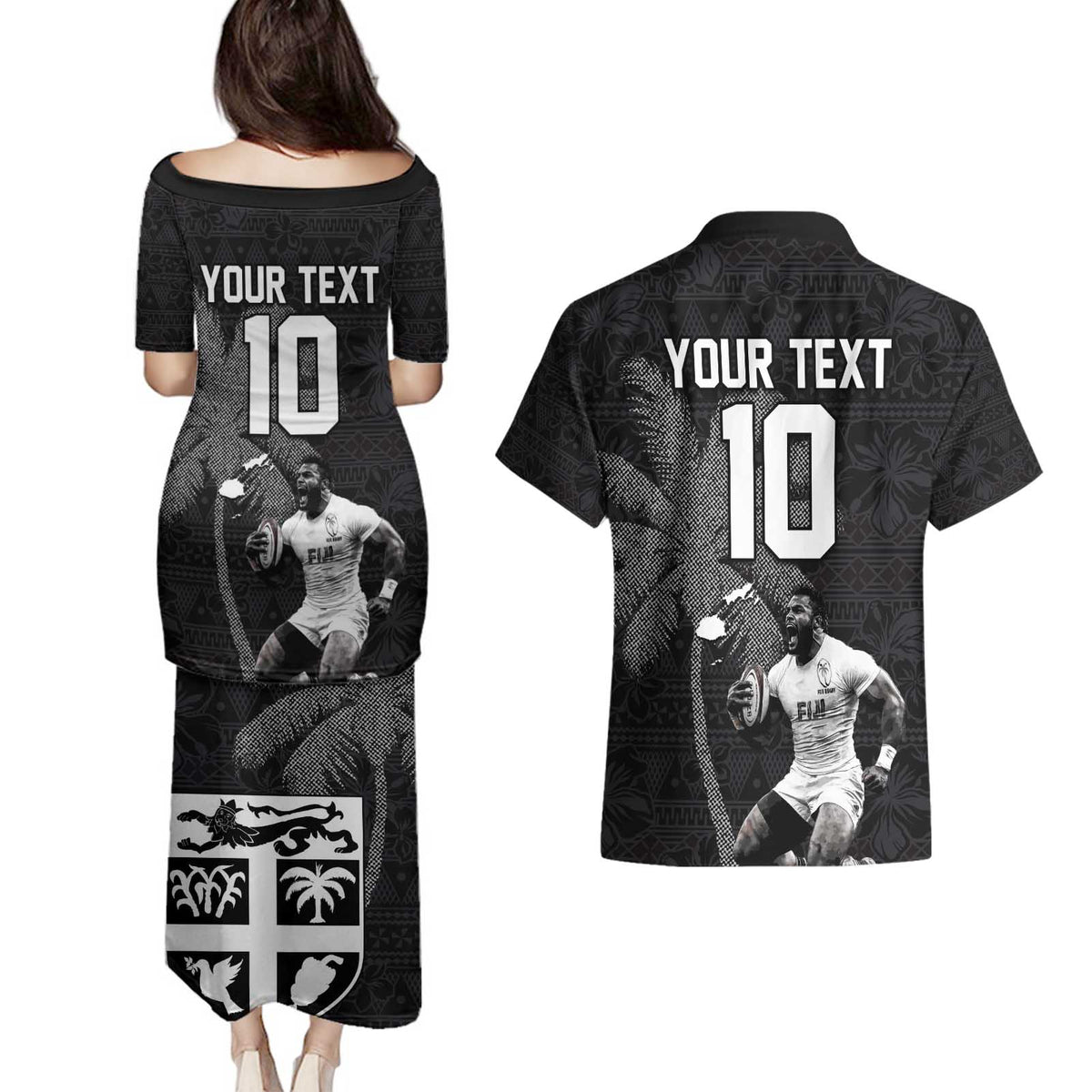 Custom Fiji Rugby Pacific Champions 2024 Couples Matching Puletasi and Hawaiian Shirt Anniversary 7 Titles - Fijians Rugby and Tapa Hibiscus Black Art LT03 - Polynesian Pride