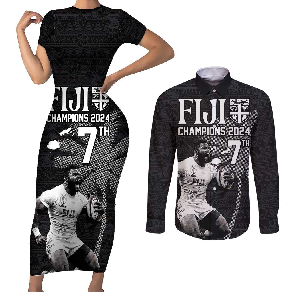 Custom Fiji Rugby Pacific Champions 2024 Couples Matching Short Sleeve Bodycon Dress and Long Sleeve Button Shirt Anniversary 7 Titles - Fijians Rugby and Tapa Hibiscus Black Art LT03 Black - Polynesian Pride