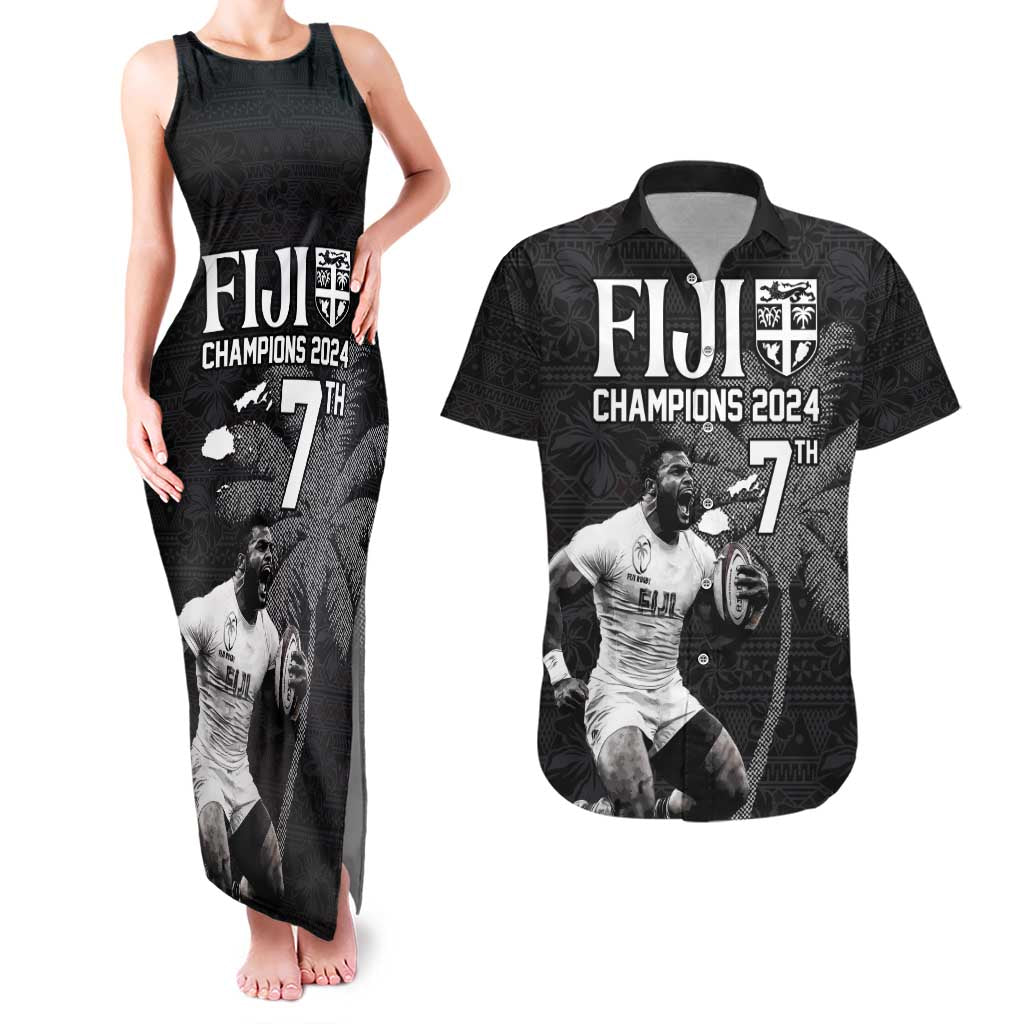 Custom Fiji Rugby Pacific Champions 2024 Couples Matching Tank Maxi Dress and Hawaiian Shirt Anniversary 7 Titles - Fijians Rugby and Tapa Hibiscus Black Art LT03 Black - Polynesian Pride