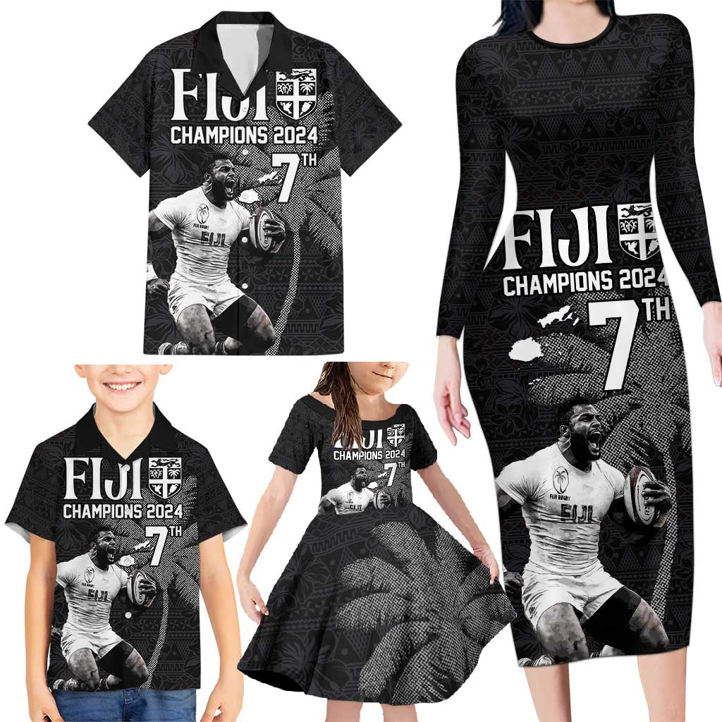 Custom Fiji Rugby Pacific Champions 2024 Family Matching Long Sleeve Bodycon Dress and Hawaiian Shirt Anniversary 7 Titles - Fijians Rugby and Tapa Hibiscus Black Art LT03 - Polynesian Pride