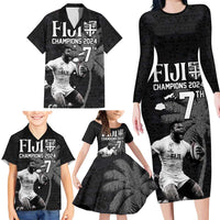Custom Fiji Rugby Pacific Champions 2024 Family Matching Long Sleeve Bodycon Dress and Hawaiian Shirt Anniversary 7 Titles - Fijians Rugby and Tapa Hibiscus Black Art LT03 - Polynesian Pride