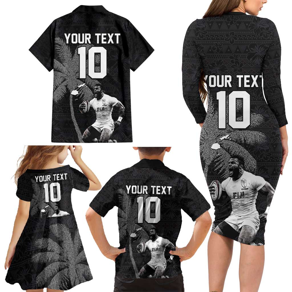 Custom Fiji Rugby Pacific Champions 2024 Family Matching Long Sleeve Bodycon Dress and Hawaiian Shirt Anniversary 7 Titles - Fijians Rugby and Tapa Hibiscus Black Art LT03 - Polynesian Pride