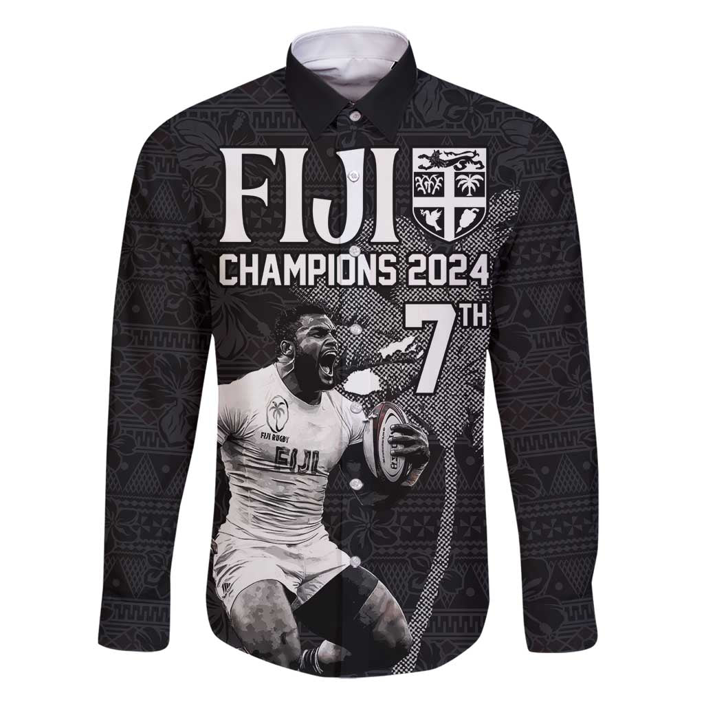 Custom Fiji Rugby Pacific Champions 2024 Family Matching Long Sleeve Bodycon Dress and Hawaiian Shirt Anniversary 7 Titles - Fijians Rugby and Tapa Hibiscus Black Art LT03 Dad's Shirt - Long Sleeve Black - Polynesian Pride