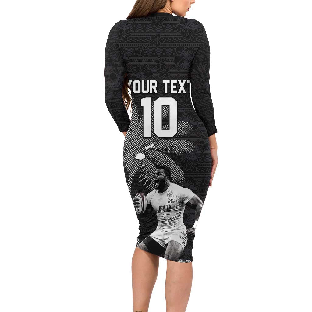 Custom Fiji Rugby Pacific Champions 2024 Family Matching Long Sleeve Bodycon Dress and Hawaiian Shirt Anniversary 7 Titles - Fijians Rugby and Tapa Hibiscus Black Art LT03 - Polynesian Pride