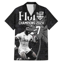 Custom Fiji Rugby Pacific Champions 2024 Family Matching Mermaid Dress and Hawaiian Shirt Anniversary 7 Titles - Fijians Rugby and Tapa Hibiscus Black Art LT03 Dad's Shirt - Short Sleeve Black - Polynesian Pride