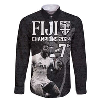 Custom Fiji Rugby Pacific Champions 2024 Family Matching Mermaid Dress and Hawaiian Shirt Anniversary 7 Titles - Fijians Rugby and Tapa Hibiscus Black Art LT03 Dad's Shirt - Long Sleeve Black - Polynesian Pride