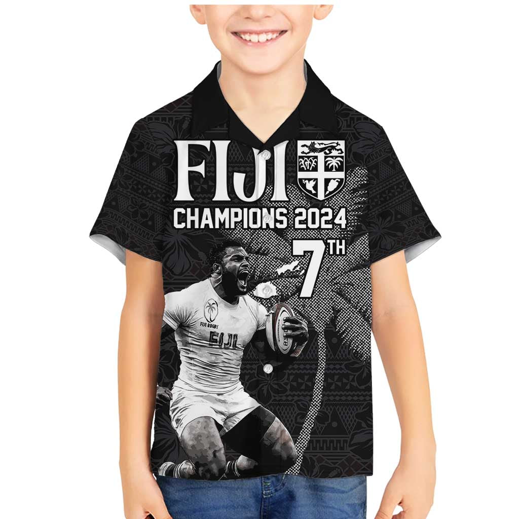 Custom Fiji Rugby Pacific Champions 2024 Family Matching Mermaid Dress and Hawaiian Shirt Anniversary 7 Titles - Fijians Rugby and Tapa Hibiscus Black Art LT03 Son's Shirt Black - Polynesian Pride