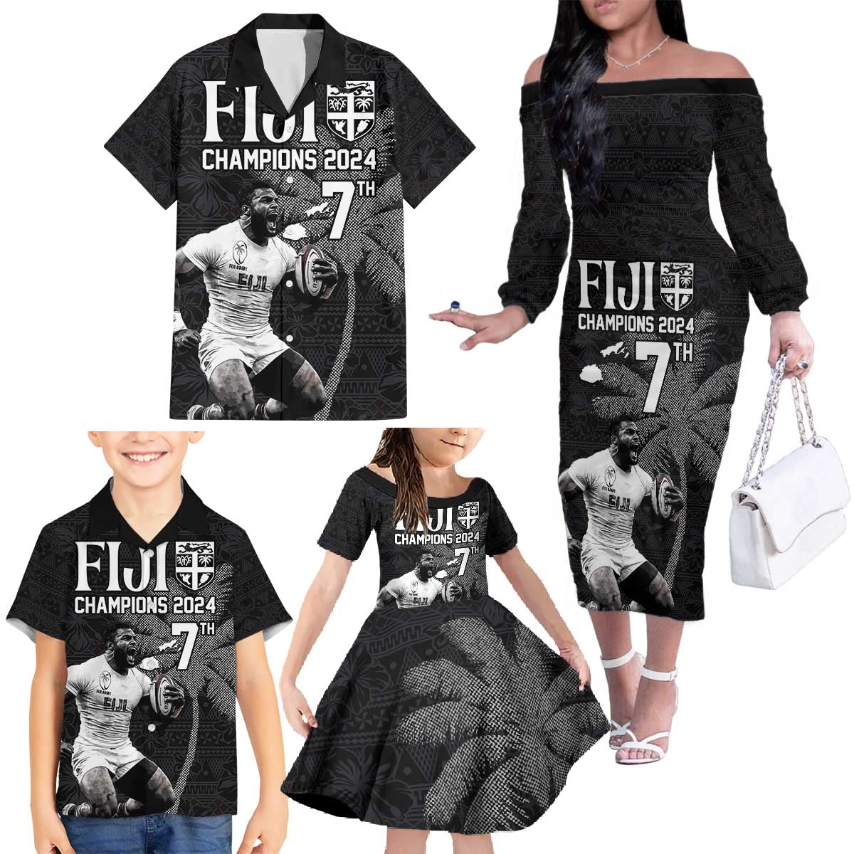 Custom Fiji Rugby Pacific Champions 2024 Family Matching Off The Shoulder Long Sleeve Dress and Hawaiian Shirt Anniversary 7 Titles - Fijians Rugby and Tapa Hibiscus Black Art LT03 - Polynesian Pride