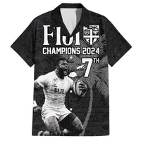 Custom Fiji Rugby Pacific Champions 2024 Family Matching Off The Shoulder Long Sleeve Dress and Hawaiian Shirt Anniversary 7 Titles - Fijians Rugby and Tapa Hibiscus Black Art LT03 Dad's Shirt - Short Sleeve Black - Polynesian Pride