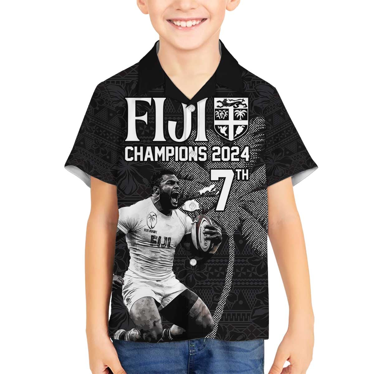Custom Fiji Rugby Pacific Champions 2024 Family Matching Off The Shoulder Long Sleeve Dress and Hawaiian Shirt Anniversary 7 Titles - Fijians Rugby and Tapa Hibiscus Black Art LT03 Son's Shirt Black - Polynesian Pride