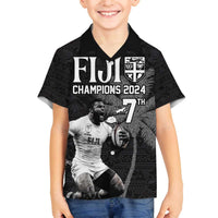 Custom Fiji Rugby Pacific Champions 2024 Family Matching Off The Shoulder Long Sleeve Dress and Hawaiian Shirt Anniversary 7 Titles - Fijians Rugby and Tapa Hibiscus Black Art LT03 Son's Shirt Black - Polynesian Pride