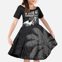 Custom Fiji Rugby Pacific Champions 2024 Family Matching Off Shoulder Maxi Dress and Hawaiian Shirt Anniversary 7 Titles - Fijians Rugby and Tapa Hibiscus Black Art LT03 Daughter's Dress Black - Polynesian Pride