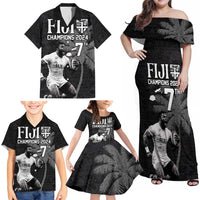 Custom Fiji Rugby Pacific Champions 2024 Family Matching Off Shoulder Maxi Dress and Hawaiian Shirt Anniversary 7 Titles - Fijians Rugby and Tapa Hibiscus Black Art LT03 - Polynesian Pride