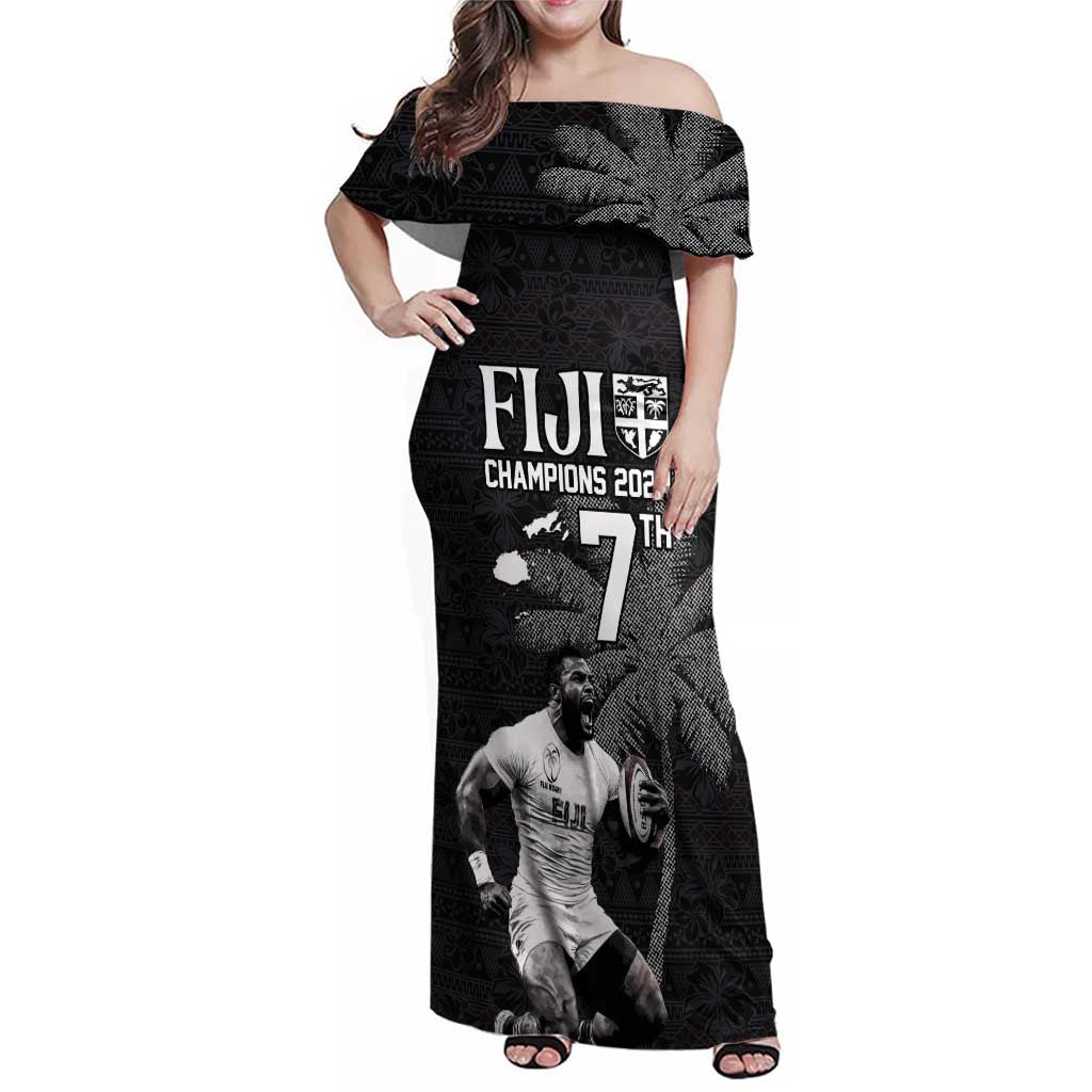 Custom Fiji Rugby Pacific Champions 2024 Family Matching Off Shoulder Maxi Dress and Hawaiian Shirt Anniversary 7 Titles - Fijians Rugby and Tapa Hibiscus Black Art LT03 Mom's Dress Black - Polynesian Pride