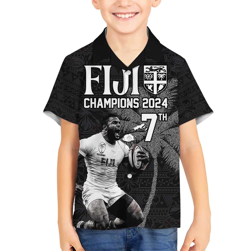 Custom Fiji Rugby Pacific Champions 2024 Family Matching Off Shoulder Maxi Dress and Hawaiian Shirt Anniversary 7 Titles - Fijians Rugby and Tapa Hibiscus Black Art LT03 Son's Shirt Black - Polynesian Pride