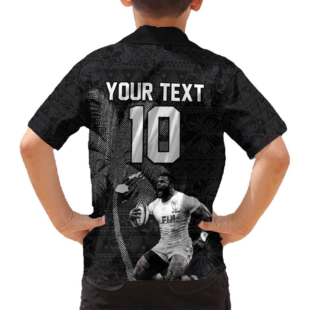 Custom Fiji Rugby Pacific Champions 2024 Family Matching Off Shoulder Short Dress and Hawaiian Shirt Anniversary 7 Titles - Fijians Rugby and Tapa Hibiscus Black Art LT03 - Polynesian Pride