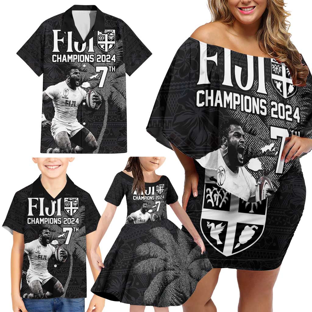 Custom Fiji Rugby Pacific Champions 2024 Family Matching Off Shoulder Short Dress and Hawaiian Shirt Anniversary 7 Titles - Fijians Rugby and Tapa Hibiscus Black Art LT03 - Polynesian Pride