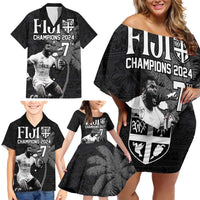Custom Fiji Rugby Pacific Champions 2024 Family Matching Off Shoulder Short Dress and Hawaiian Shirt Anniversary 7 Titles - Fijians Rugby and Tapa Hibiscus Black Art LT03 - Polynesian Pride