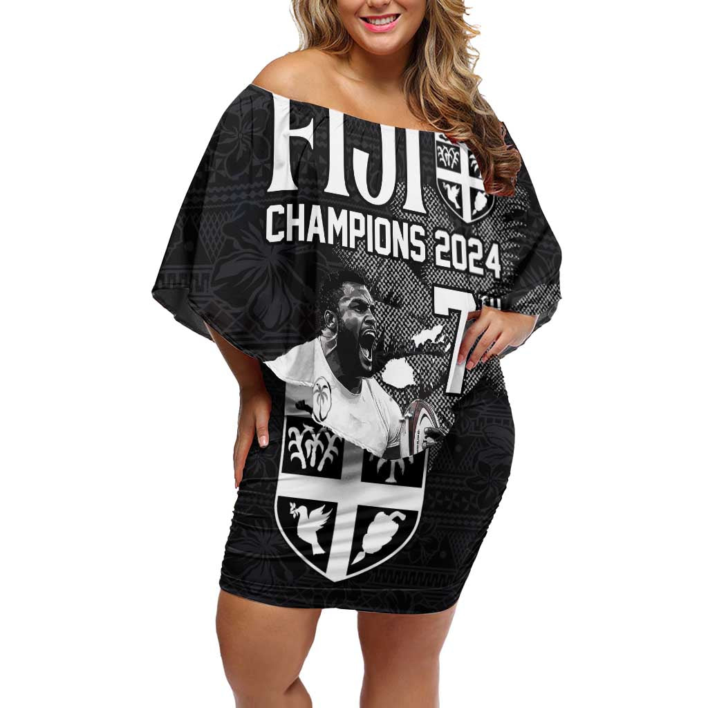 Custom Fiji Rugby Pacific Champions 2024 Family Matching Off Shoulder Short Dress and Hawaiian Shirt Anniversary 7 Titles - Fijians Rugby and Tapa Hibiscus Black Art LT03 Mom's Dress Black - Polynesian Pride