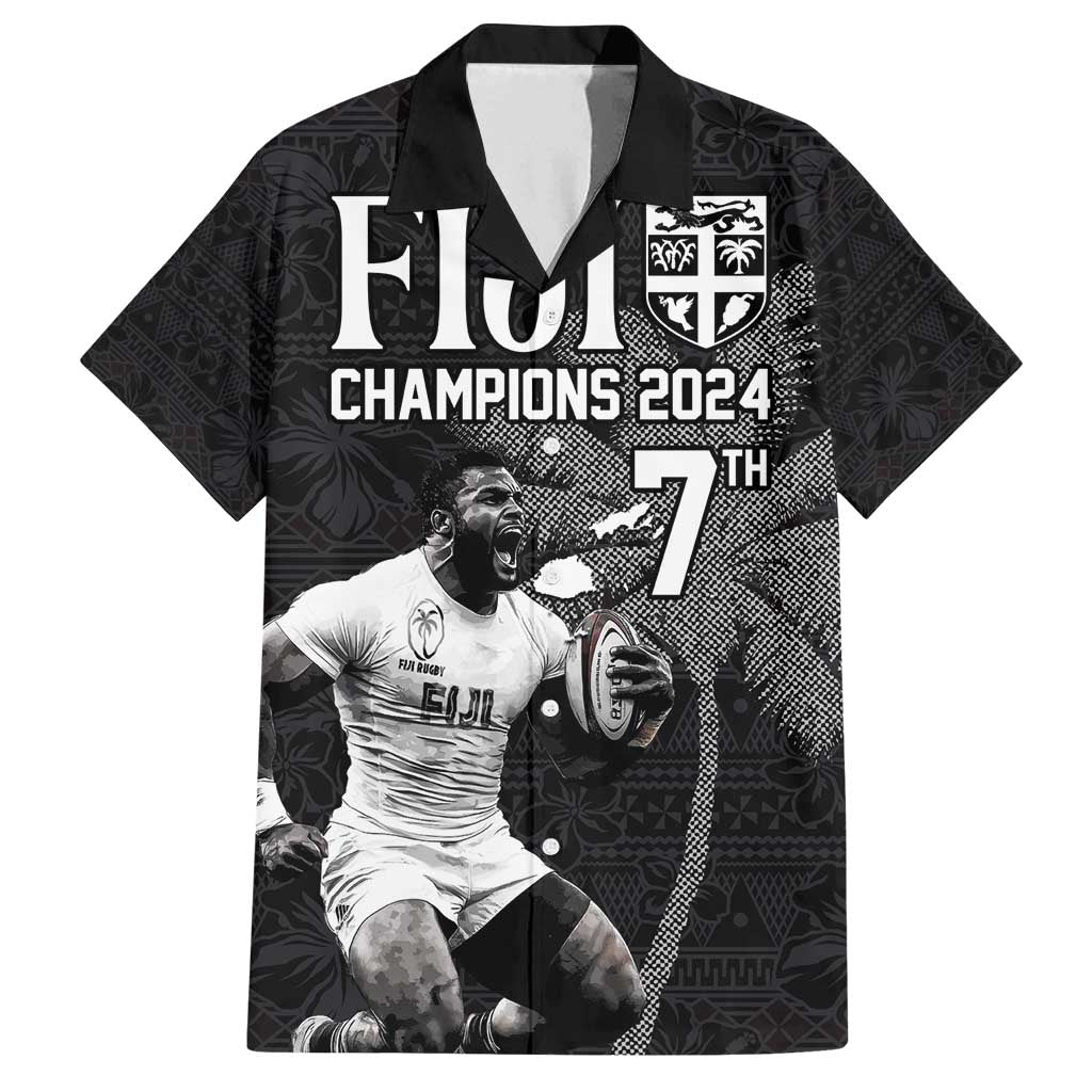 Custom Fiji Rugby Pacific Champions 2024 Family Matching Puletasi and Hawaiian Shirt Anniversary 7 Titles - Fijians Rugby and Tapa Hibiscus Black Art LT03 Dad's Shirt - Short Sleeve Black - Polynesian Pride