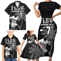 Custom Fiji Rugby Pacific Champions 2024 Family Matching Short Sleeve Bodycon Dress and Hawaiian Shirt Anniversary 7 Titles - Fijians Rugby and Tapa Hibiscus Black Art LT03 - Polynesian Pride